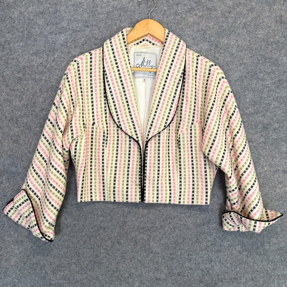 Milly 100% Lambswool Striped Jacket Women 10 Cropped Lined Vestiaire Collection